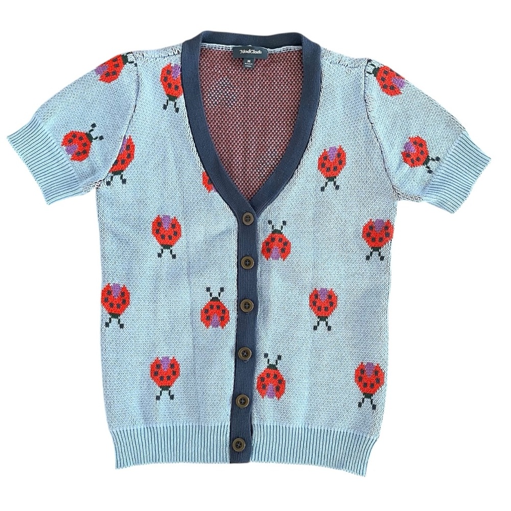 ModCloth Ladybug Print Cardigan Sweater Medium Blue Short Sleeve Cute Retro - Picture 2 of 10